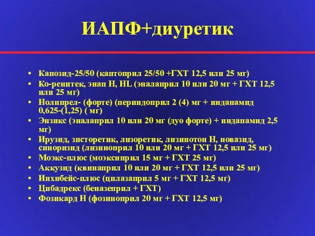 ИАПФ+диуретик Капозид-25/50 (каптоприл 25/50 +ГХТ 12,5 или 25 мг) Ко-ренитек, энап