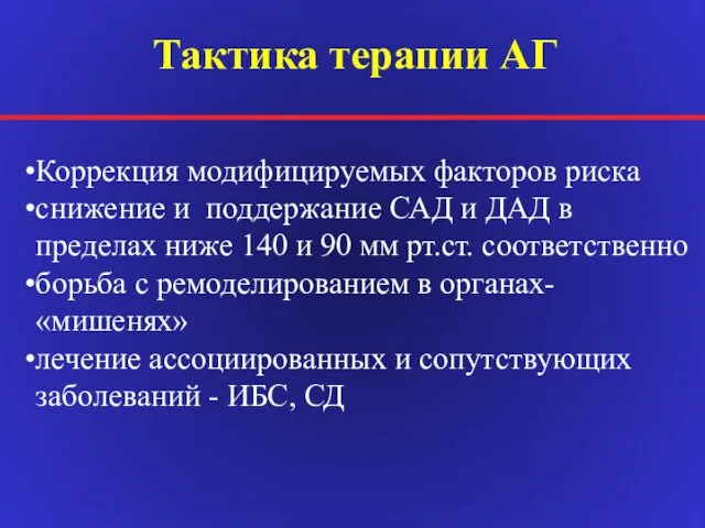 Тактика терапии АГ Коррекция модифицируемых факторов риска снижение и поддержание САД