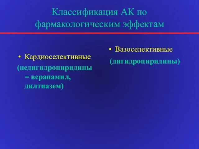 Классификация АК по фармакологическим эффектам Кардиоселективные (недигидропиридины = верапамил, дилтиазем) Вазоселективные (дигидропиридины)