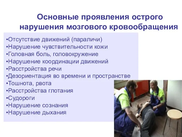 Основные проявления острого нарушения мозгового кровообращения Отсутствие движений (параличи) Нарушение чувствительности