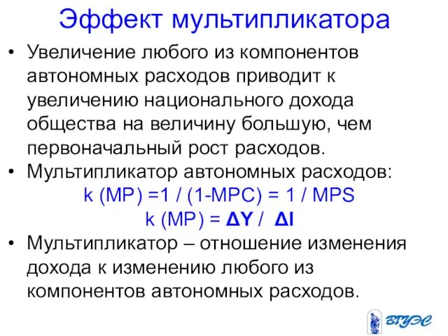 Эффект мультипликатора Увеличение любого из компонентов автономных расходов приводит к увеличению