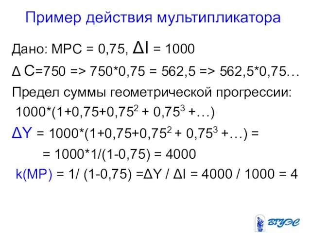 Пример действия мультипликатора Дано: MPC = 0,75, ΔI = 1000 Δ