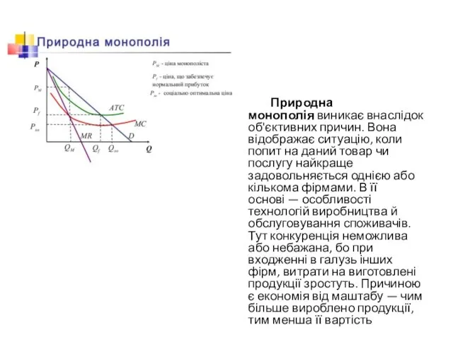 Природна монополія виникає внаслідок об'єктивних причин. Вона відображає ситуацію, коли попит