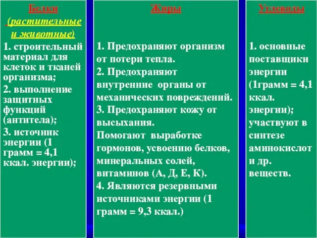 Белки (растительные и животные) 1. строительный материал для клеток и тканей