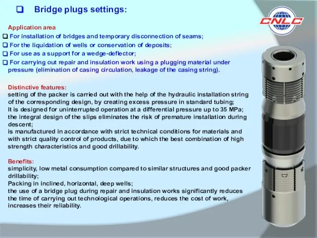 Bridge plugs settings: Application area For installation of bridges and temporary