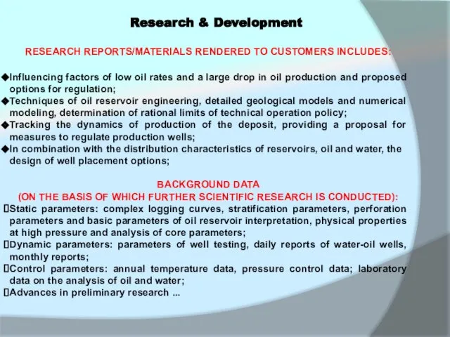 RESEARCH REPORTS/MATERIALS RENDERED TO CUSTOMERS INCLUDES: Influencing factors of low oil