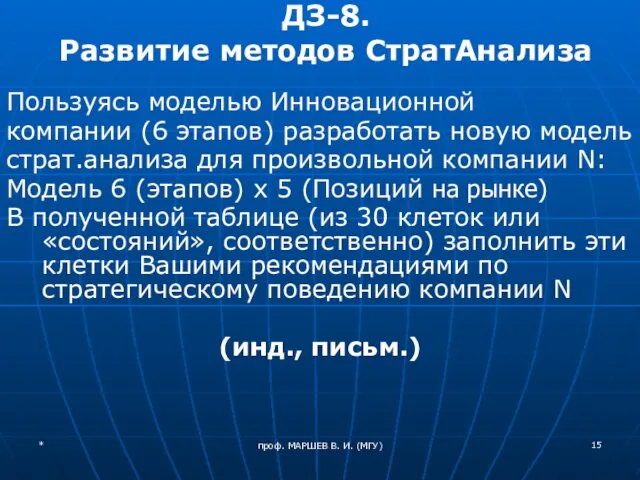 проф. МАРШЕВ В. И. (МГУ) ДЗ-8. Развитие методов СтратАнализа Пользуясь моделью