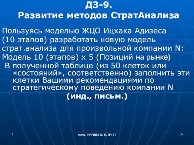 проф. МАРШЕВ В. И. (МГУ) ДЗ-9. Развитие методов СтратАнализа Пользуясь моделью