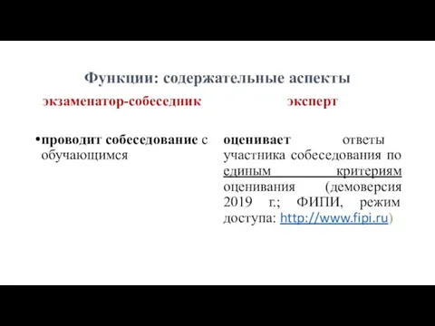 Функции: содержательные аспекты экзаменатор-собеседник проводит собеседование с обучающимся эксперт оценивает ответы