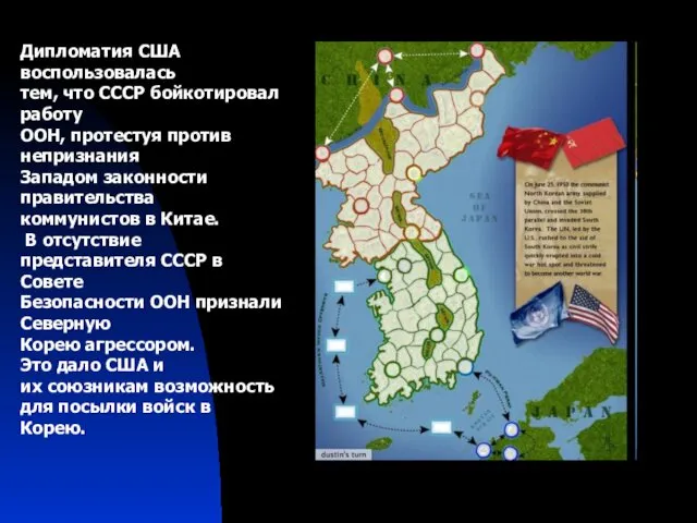 Дипломатия США воспользовалась тем, что СССР бойкотировал работу ООН, протестуя против