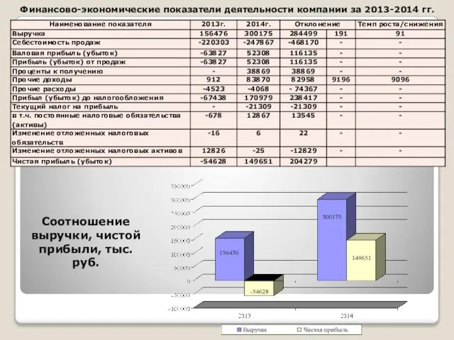 Финансово-экономические показатели деятельности компании за 2013-2014 гг. Соотношение выручки, чистой прибыли, тыс. руб.