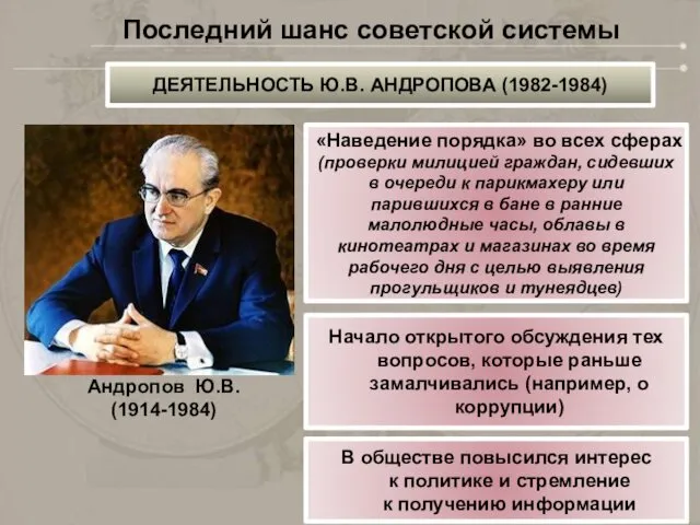 ДЕЯТЕЛЬНОСТЬ Ю.В. АНДРОПОВА (1982-1984) Андропов Ю.В. (1914-1984) «Наведение порядка» во всех