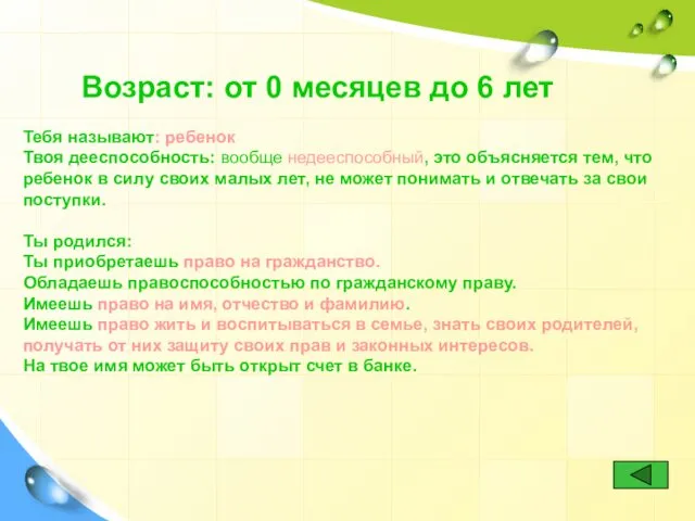 Возраст: от 0 месяцев до 6 лет Тебя называют: ребенок Твоя