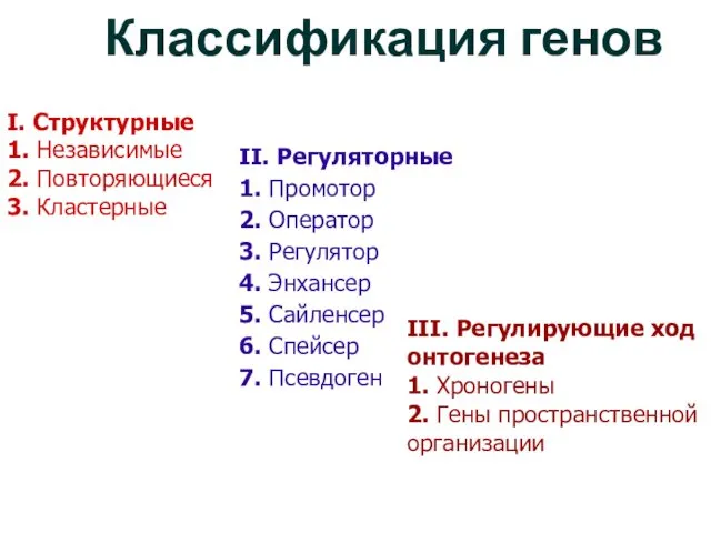 Классификация генов I. Структурные 1. Независимые 2. Повторяющиеся 3. Кластерные II.