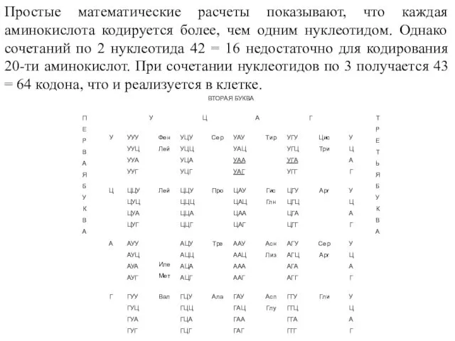 Простые математические расчеты показывают, что каждая аминокислота кодируется более, чем одним