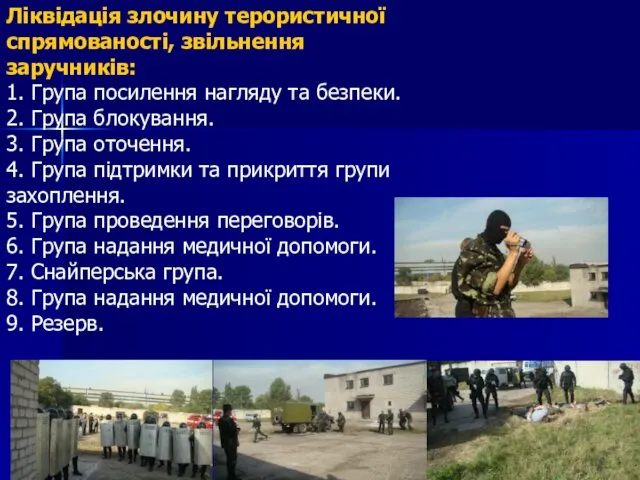 Ліквідація злочину терористичної спрямованості, звільнення заручників: 1. Група посилення нагляду та