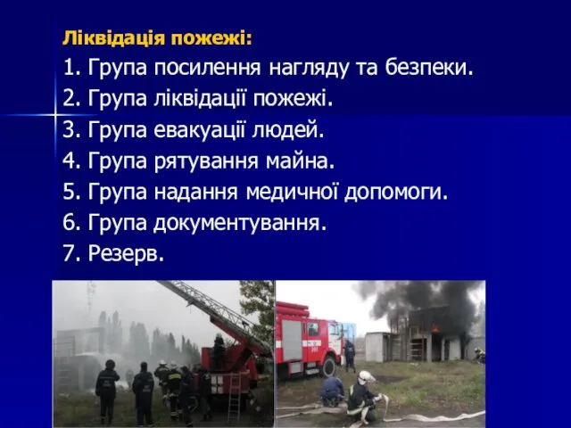 Ліквідація пожежі: 1. Група посилення нагляду та безпеки. 2. Група ліквідації