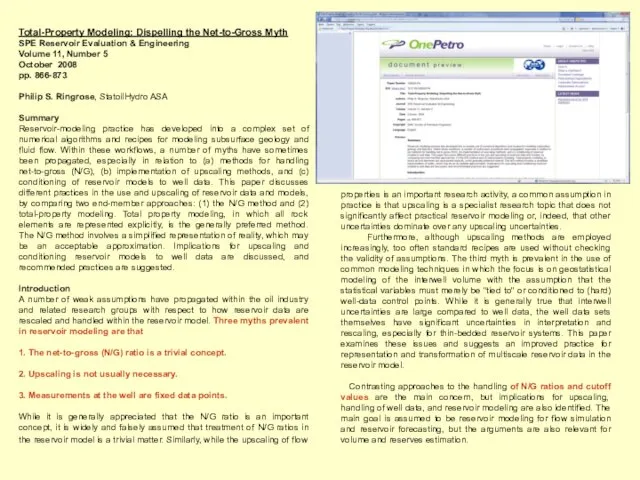 Total-Property Modeling: Dispelling the Net-to-Gross Myth SPE Reservoir Evaluation & Engineering