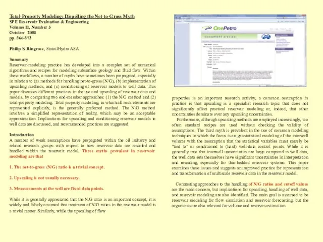 Total-Property Modeling: Dispelling the Net-to-Gross Myth SPE Reservoir Evaluation & Engineering