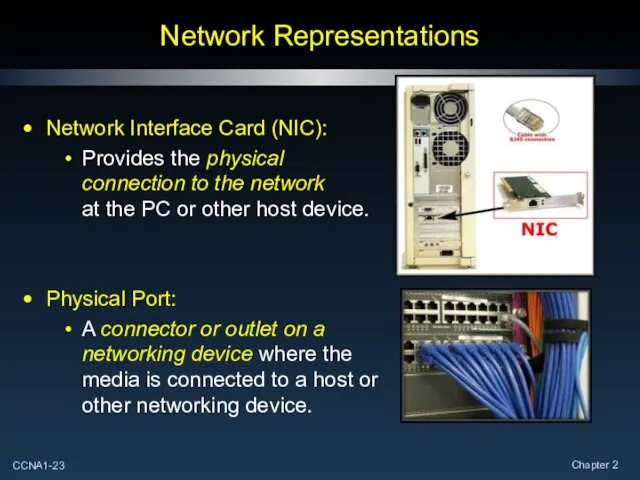 Network Representations Network Interface Card (NIC): Provides the physical connection to