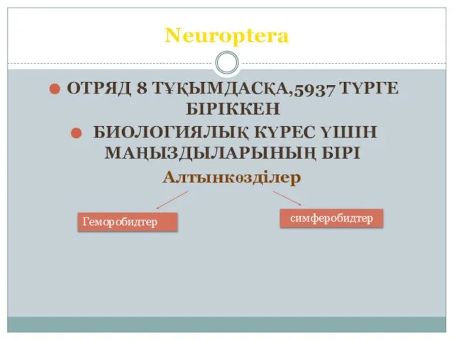 Neuroptera ОТРЯД 8 ТҰҚЫМДАСҚА,5937 ТҮРГЕ БІРІККЕН БИОЛОГИЯЛЫҚ КҮРЕС ҮШІН МАҢЫЗДЫЛАРЫНЫҢ БІРІ Алтынкөзділер Геморобидтер симферобидтер