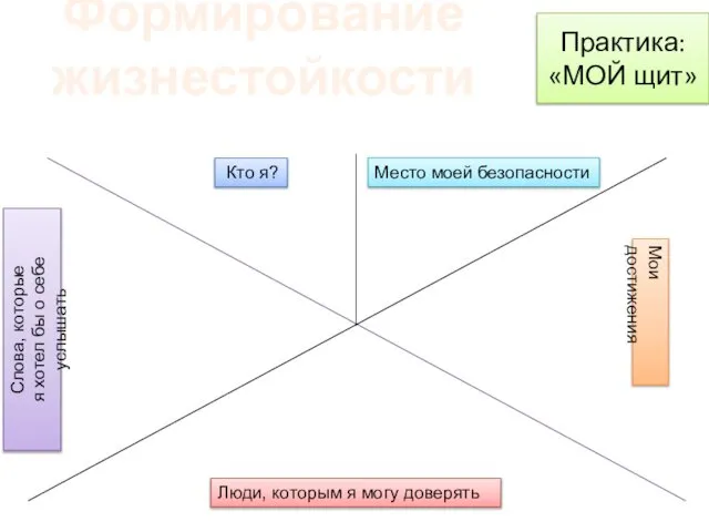 Практика: «МОЙ щит» Место моей безопасности Мои достижения Люди, которым я