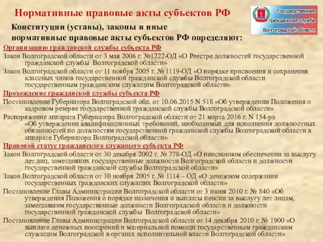 Нормативные правовые акты субъектов РФ Организацию гражданской службы субъекта РФ Закон