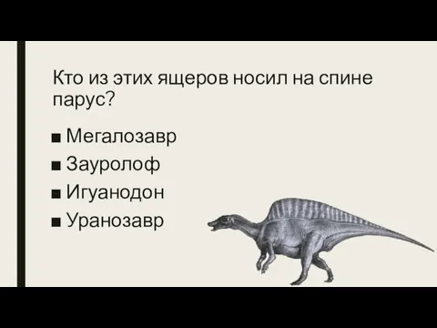 Кто из этих ящеров носил на спине парус? Мегалозавр Зауролоф Игуанодон Уранозавр