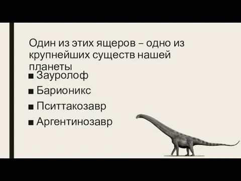 Один из этих ящеров – одно из крупнейших существ нашей планеты Зауролоф Барионикс Пситтакозавр Аргентинозавр