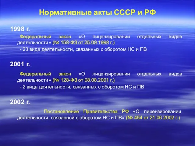 Нормативные акты СССР и РФ 1998 г. Федеральный закон «О лицензировании