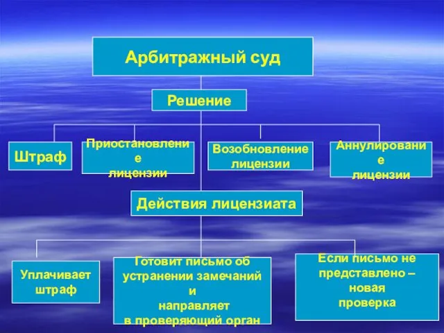 Арбитражный суд Решение Штраф Приостановление лицензии Возобновление лицензии Аннулирование лицензии Действия