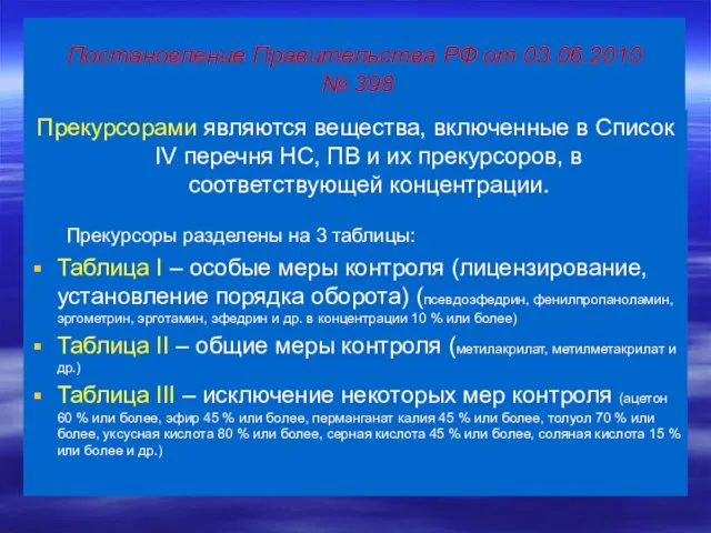 Постановление Правительства РФ от 03.06.2010 № 398 Прекурсорами являются вещества, включенные