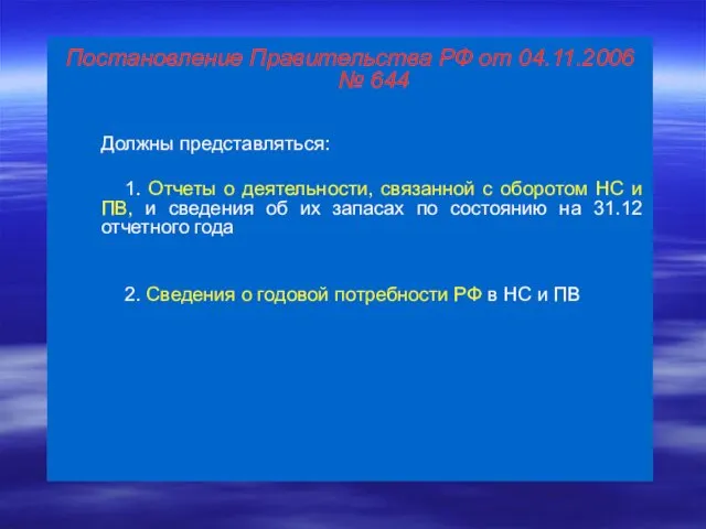 Постановление Правительства РФ от 04.11.2006 № 644 Должны представляться: 1. Отчеты