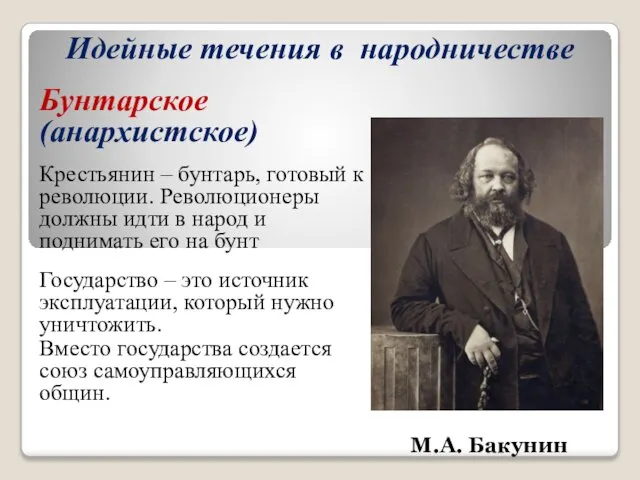 Идейные течения в народничестве М.А. Бакунин Бунтарское (анархистское) Крестьянин – бунтарь,