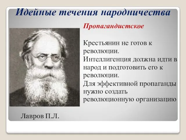 Идейные течения народничества Лавров П.Л. Пропагандистское Крестьянин не готов к революции.