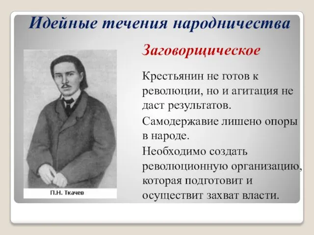 Идейные течения народничества Заговорщическое Крестьянин не готов к революции, но и