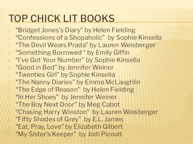 TOP CHICK LIT BOOKS “Bridget Jones's Diary” by Helen Fielding “Confessions