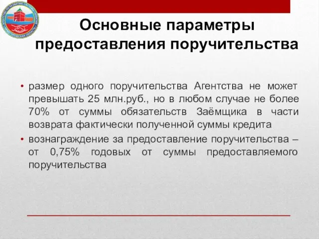 Основные параметры предоставления поручительства размер одного поручительства Агентства не может превышать