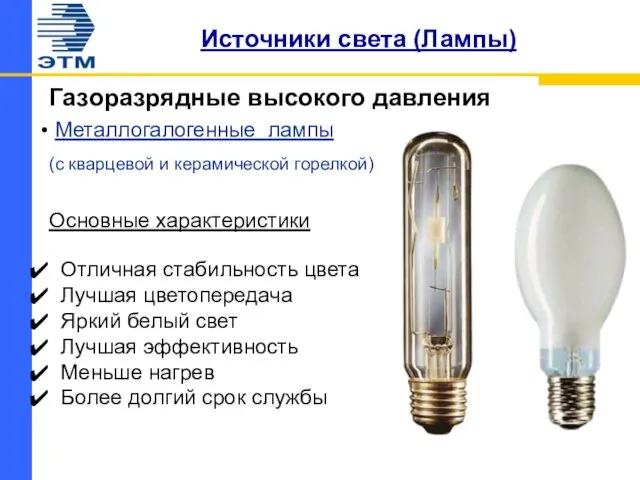 Источники света (Лампы) Газоразрядные высокого давления Металлогалогенные лампы (с кварцевой и