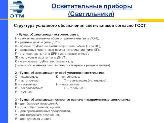 Осветительные приборы (Светильники) Структура условного обозначения светильников согласно ГОСТ 1- буква,