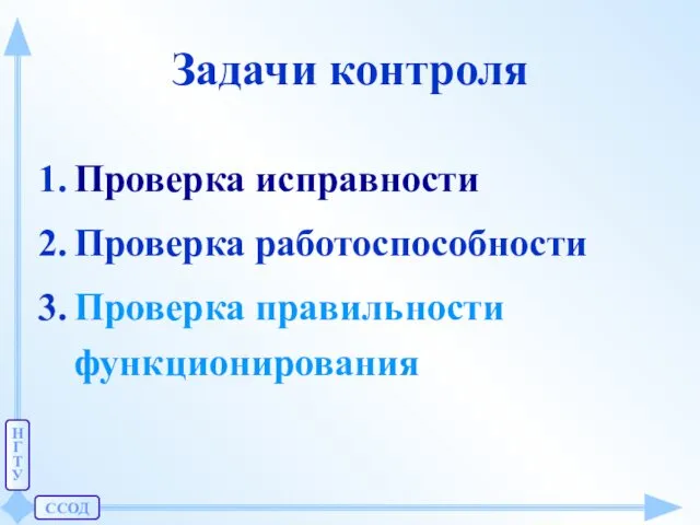 ССОД Н Г Т У Задачи контроля Проверка исправности Проверка работоспособности Проверка правильности функционирования