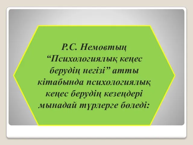 Р.С. Немовтың “Психологиялық кеңес берудің негізі” атты кітабында психологиялық кеңес берудің кезеңдері мынадай түрлерге бөледі: