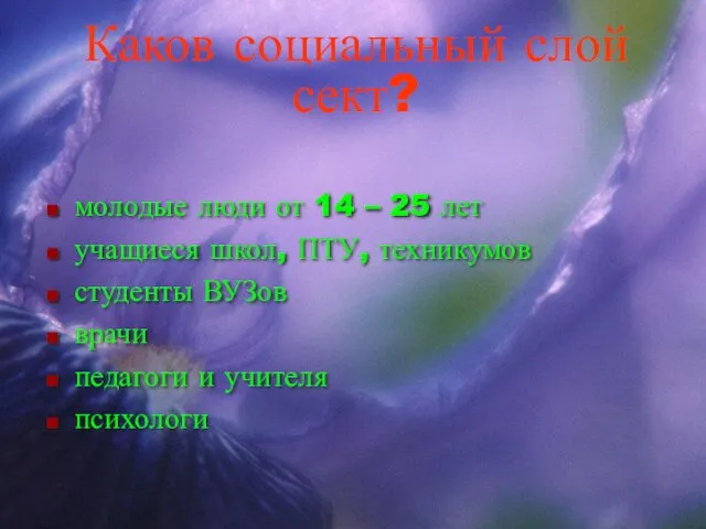 Каков социальный слой сект? молодые люди от 14 – 25 лет