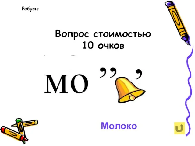 Вопрос стоимостью 10 очков Ребусы Молоко