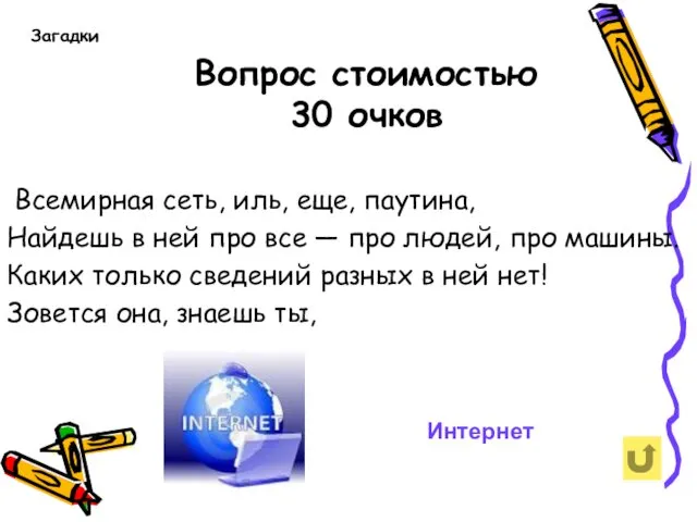 Вопрос стоимостью 30 очков Всемирная сеть, иль, еще, паутина, Найдешь в