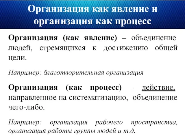 Организация как явление и организация как процесс Организация (как явление) –