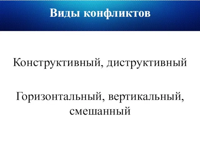 Виды конфликтов Конструктивный, диструктивный Горизонтальный, вертикальный, смешанный