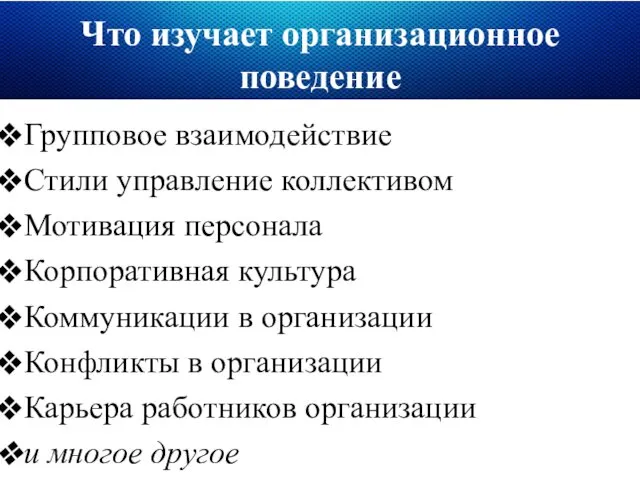 Что изучает организационное поведение Групповое взаимодействие Стили управление коллективом Мотивация персонала