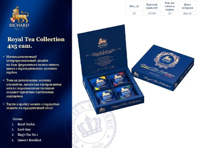 Royal Tea Collection 4x5 саш. Минималистичный суперпремиальный дизайн на базе фирменного