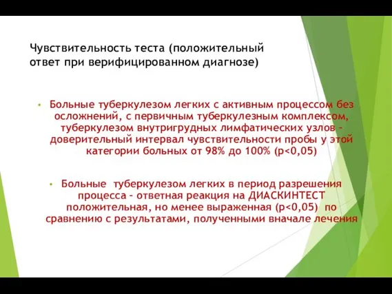 Чувствительность теста (положительный ответ при верифицированном диагнозе) Больные туберкулезом легких с